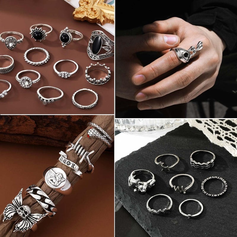 17IF 26-35 Pcs Vintage Silver Knuckle Rings Set for Women Men, Grunge Gothic Rings Chunky Aesthetic Snake Stackable Adjustable Punk Bulky Finger Alt Fairy Skull Frog Heart Star Flower Midi Ring Pack - Image 4